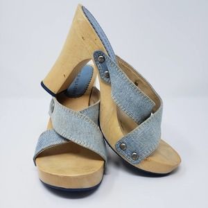 Tommy Hilfiger Wooden Heeled Denim Strappy Sandals Women's Size 6